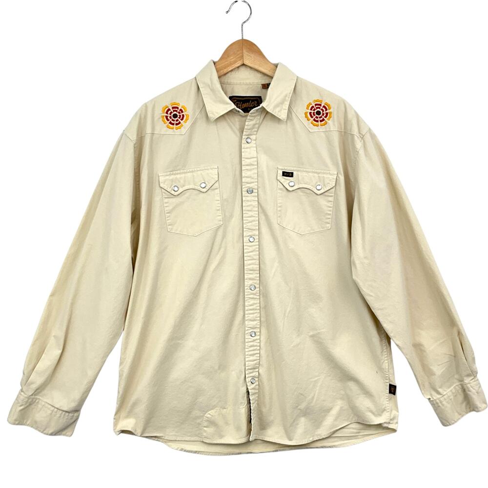 Howler Bros Crosscut Deluxe Shirt Mens XL Beige Western Snapshirt Long Sleeve